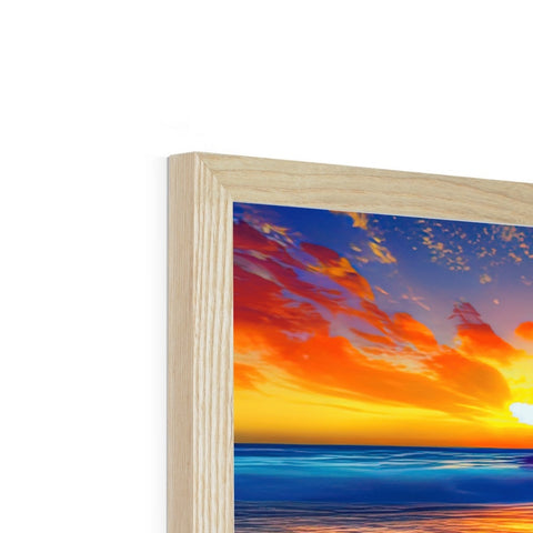 A picture frame with a wood frame of a picture of a child in a beach with