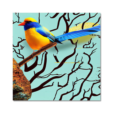 A large colorful bird perched on a tree branch next to a colorful painting.
