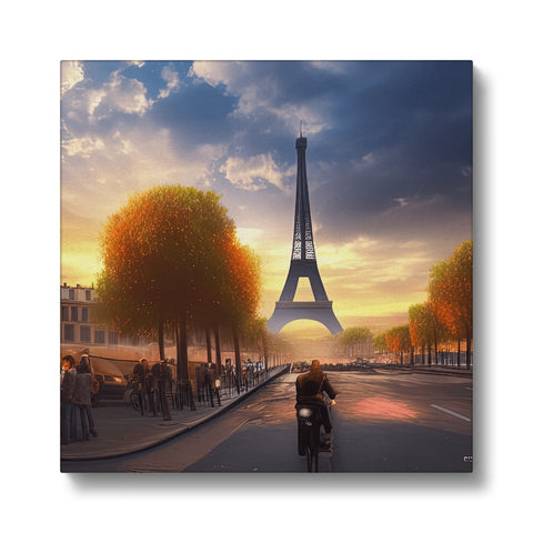 An art print is on two wooden boards of the Eiffel tower and a flower