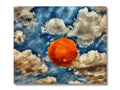 Art print on sunburst in a white frame with colored clouds above.