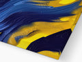 A blue and gold painting with a wave passing over a white background.