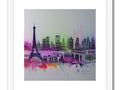 a colorful print with a street scene of Paris and the Eiffel tower