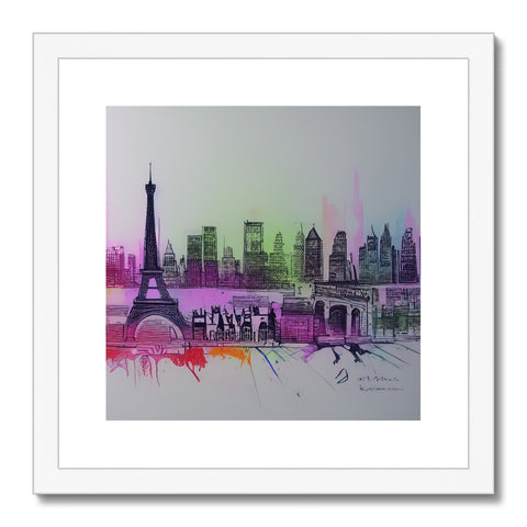 a colorful print with a street scene of Paris and the Eiffel tower