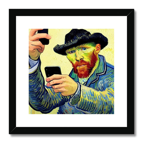 A man using his cell phone while looking at a photo of an art print.