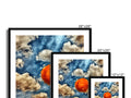 Art print with two images of oranges and a sun in the sky with a gray background