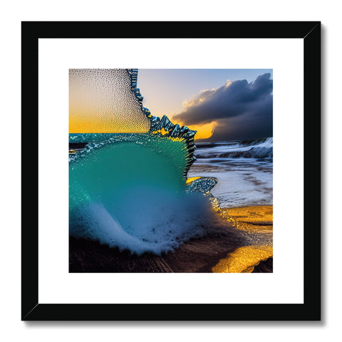 A silver framed picture of a big colorful wave on the beach.