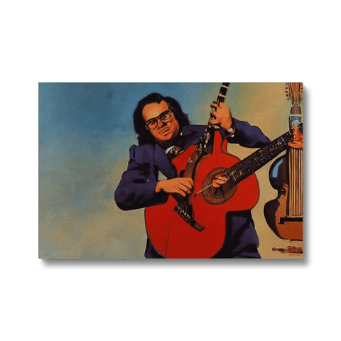 The man is holding a mandolin in a house painted a red and blue background.