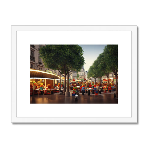 Art print is placed on a table at a café and there are shops and streets.