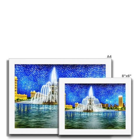 A photo of an interesting image of a city skyline and fountain next to a picture of
