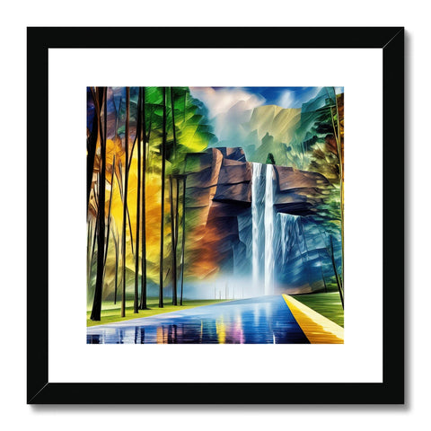Art print of a waterfall behind a beach with sea behind it standing in the background.