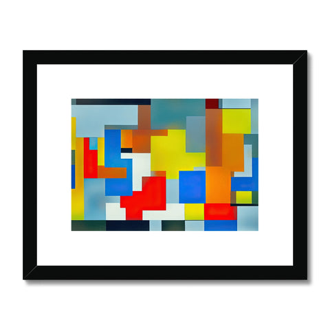 A blue and yellow wooden art print with white blocks and a figure on the side of