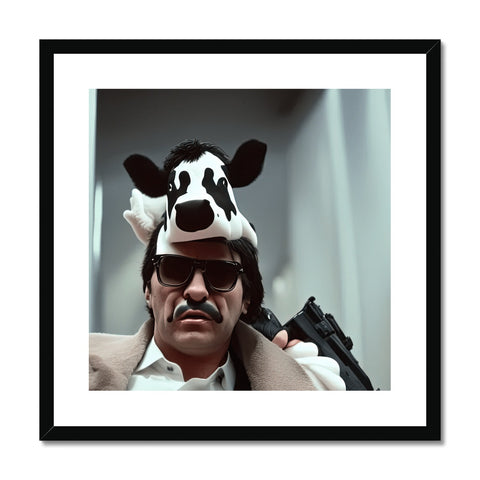 A framed photograph of a dalmatian standing next to a cow.