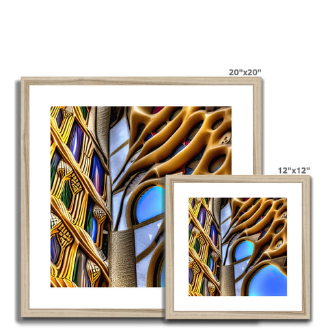 A window in a frame containing three images including one of many trees and other images.