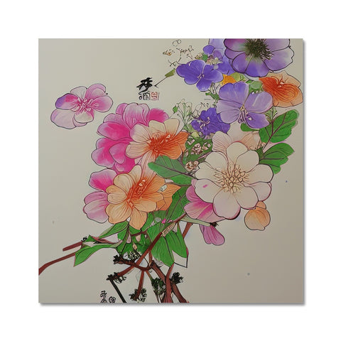 The art print is lying on the table holding pink flowers on a glass plate.