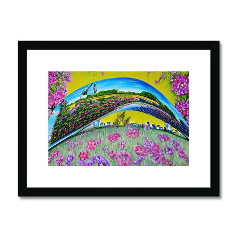a framed art print of a bridge, flowers and flowers