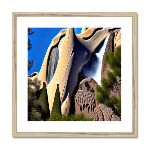 Art prints inside of white metal sculptures and a canyon surrounded by mountains.