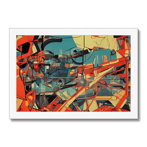 An abstract design with colors and an abstract picture is hanging on a wall.