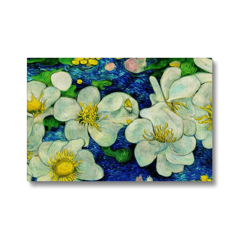 An elegant flower printed card on a tile with a blue flower on it.