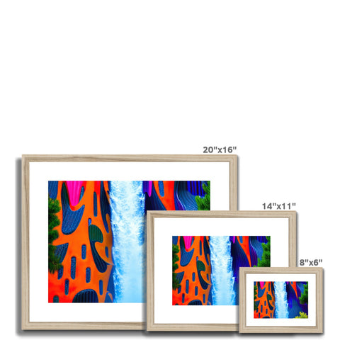 Three colorful photos on a table in a living room framed in wood and table top decoration