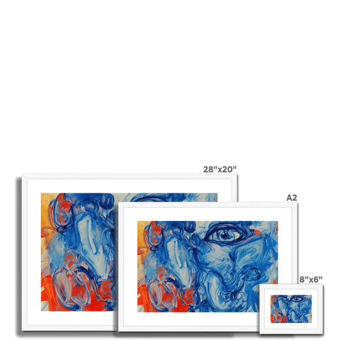 Three cards on a large white wall covered with four art pieces including an image of an