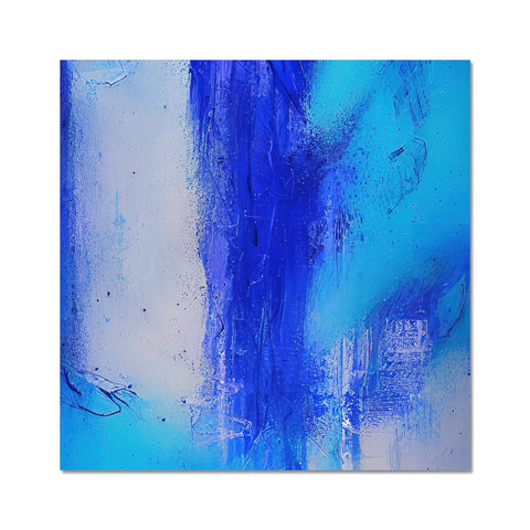A blue hanging blue painting on a glass wall is displayed for sale.