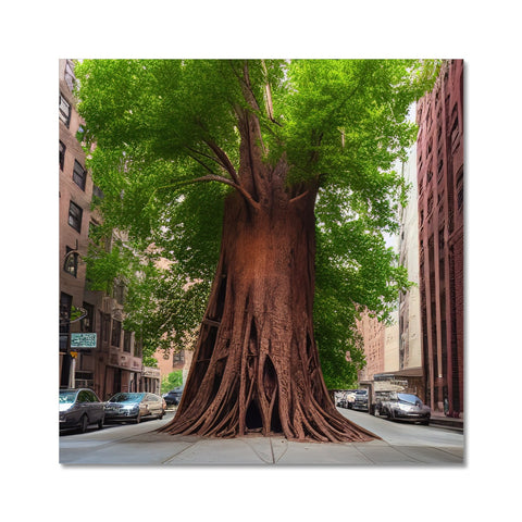 A tree stands tall and tall that has roots pointing away from the top of it.