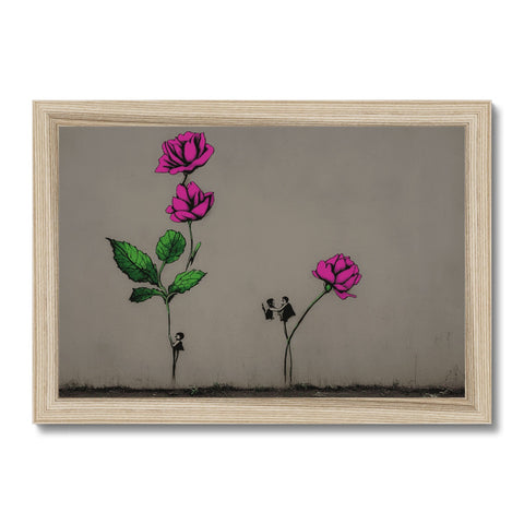 A wooden art print with flowers and spray paint against the walls.