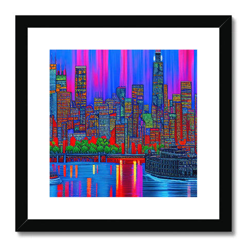 A large colorful printed art print of a city skyline, surrounded by skyscrapers and
