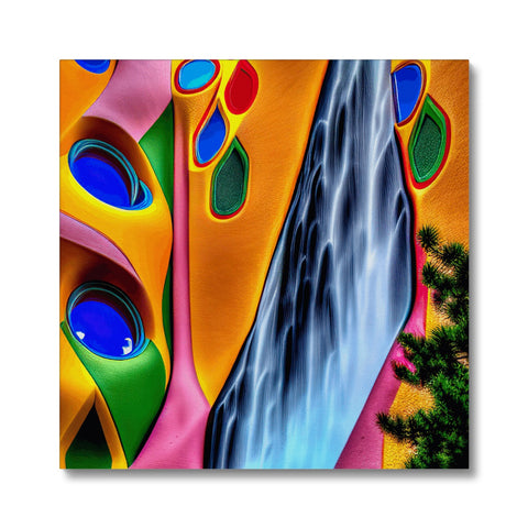 Art print of a waterfall standing in front of a colorful colorful window frame.