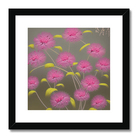 An  art print with pink flowers sitting on a glass wall behind a counter.