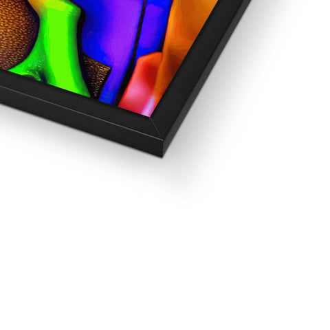 A very colorful picture frame displayed on a screen on a white tabletop and metal wall