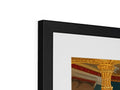 A painting is displayed in a photo frame on top of a fireplace mantel.