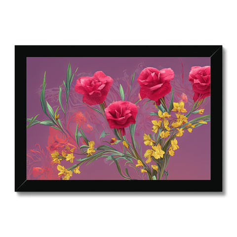 Art print with pink flowers with roses hanging on a desk holding vases.