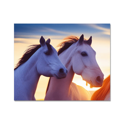 Two horses are standing on the ground during a warm blue and purple sunrise.