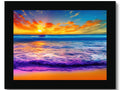 A picture of a very colorful sunset is printed on a wooden frame.