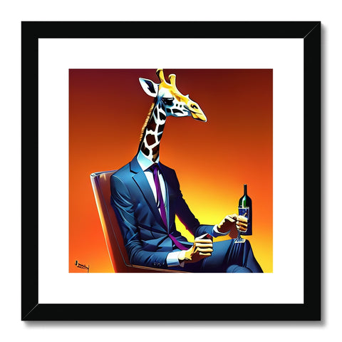 A giraffe watching TV, staring at a person in a black shirt and brown shoes