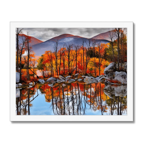 An outdoor art print with a black and tan sky across a lake.