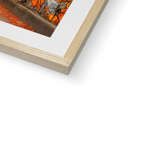 An art print on wooden frame in a frame on a wooden case.