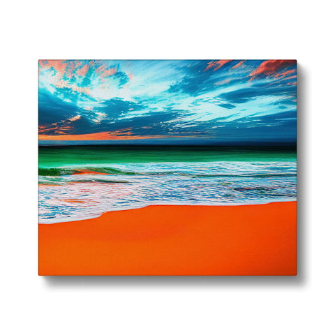 Art print shows beach with colorful beach blanket of a blue beach in color.