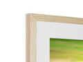 A picture frame with a wooden picture in it with a white background near a clock,