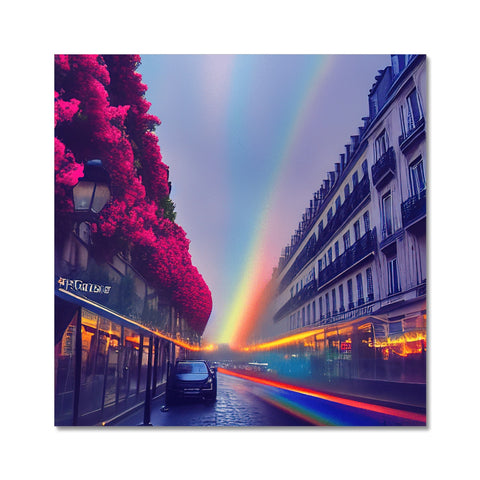 an artwork print with colors floating in the background on a flower filled street