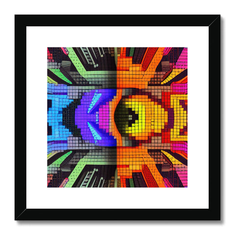 A framed picture of a colorful and geometric design.