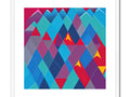 An art print in purple and blue with triangles in triangles on top of it.