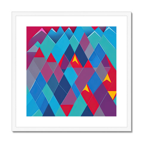 An art print in purple and blue with triangles in triangles on top of it.