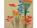 Art print of flowers on a table on the ground with sticks of grasses growing.