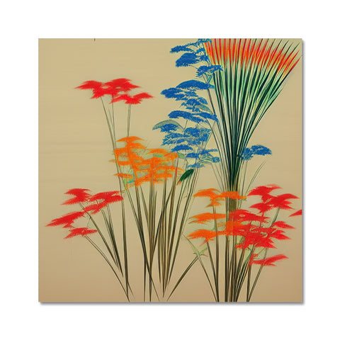 Art print of flowers on a table on the ground with sticks of grasses growing.