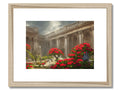 An art print hanging on a wooden frame beside a picture of a fountain.
