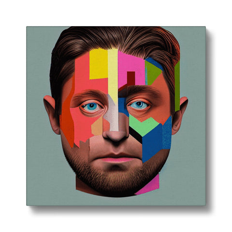 A man with colored face in a picture painted on a wall of an album cover.