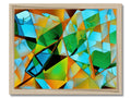 a glass painting on wooden frame with colors and shapes