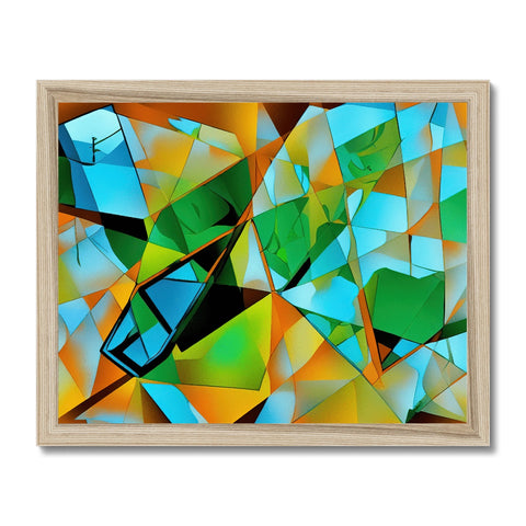 a glass painting on wooden frame with colors and shapes